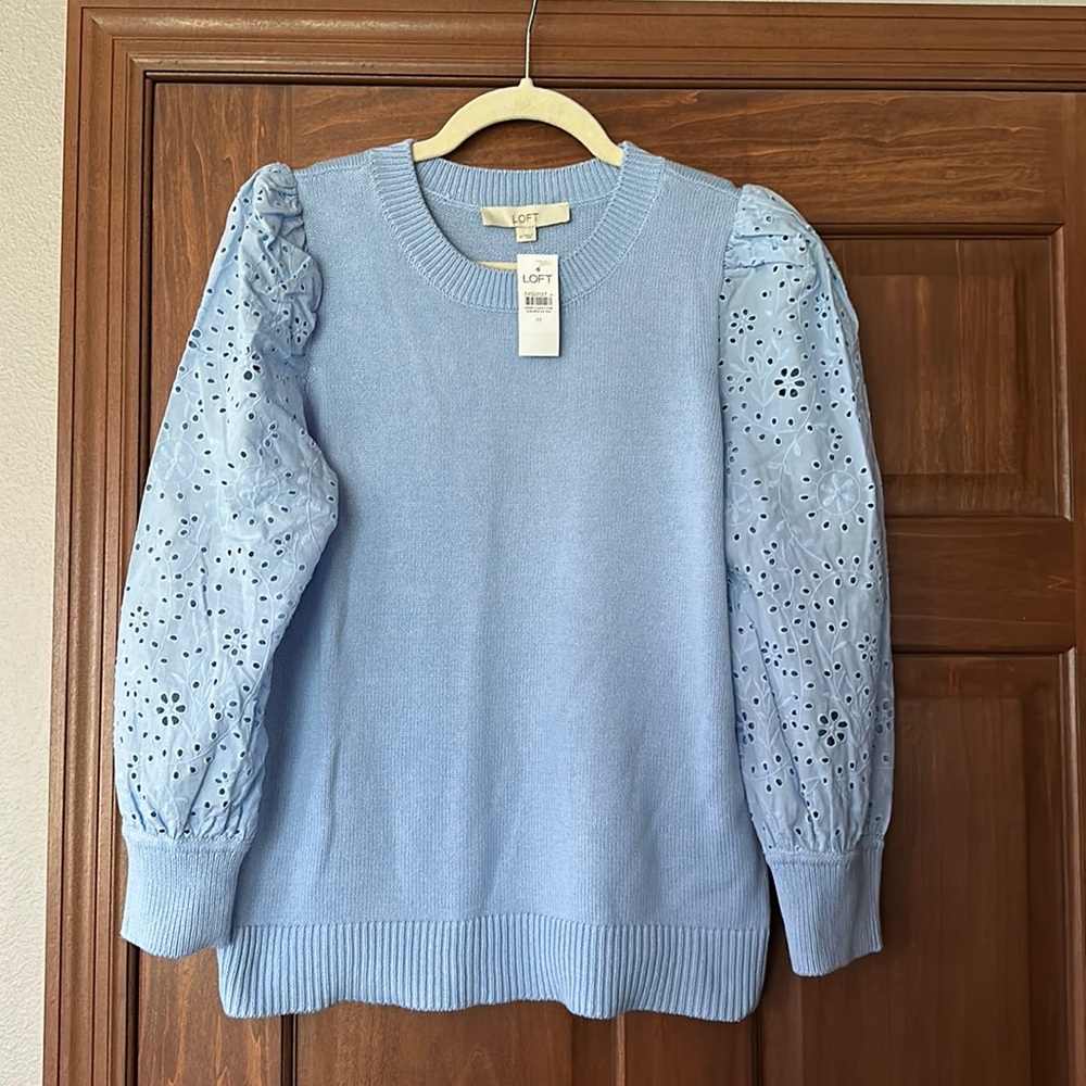Loft Eyelet Sleeve Mixed Media Sweater